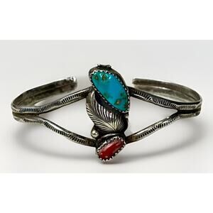 Old Pawn Native American Turquoise Coral Split Cuff Bracelet Sterling Silver 7”